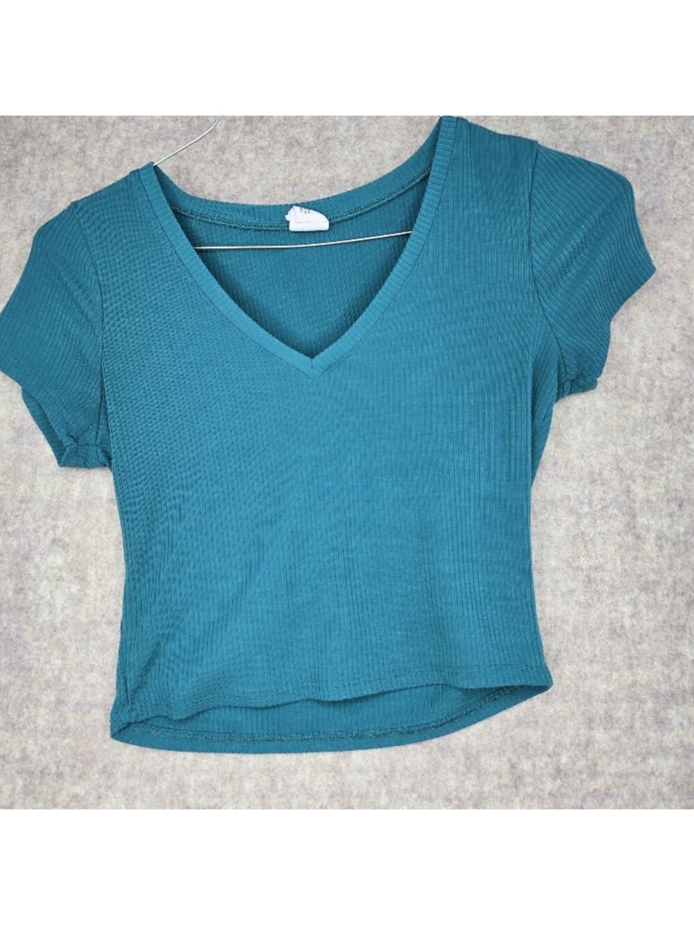Destined Womens Medium Teal Ribbed V-Neck Short Sleeve Top